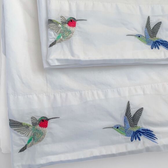 Cuddledown Embroidered Hummingbirds Sateen Flat Sheet - Picture 7 of 8